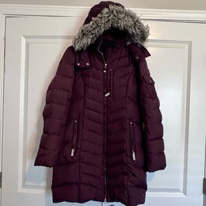 Eddie Bauer Women's Dark Purple Plum Goose Down Puffer Jacket with Faux Fur Hood